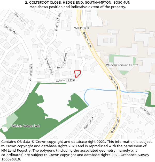 2, COLTSFOOT CLOSE, HEDGE END, SOUTHAMPTON, SO30 4UN: Location map and indicative extent of plot