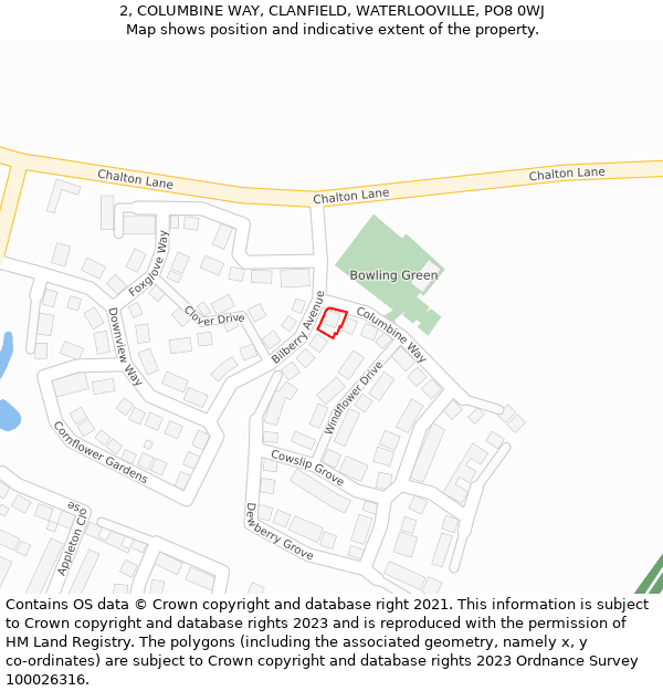 2, COLUMBINE WAY, CLANFIELD, WATERLOOVILLE, PO8 0WJ: Location map and indicative extent of plot