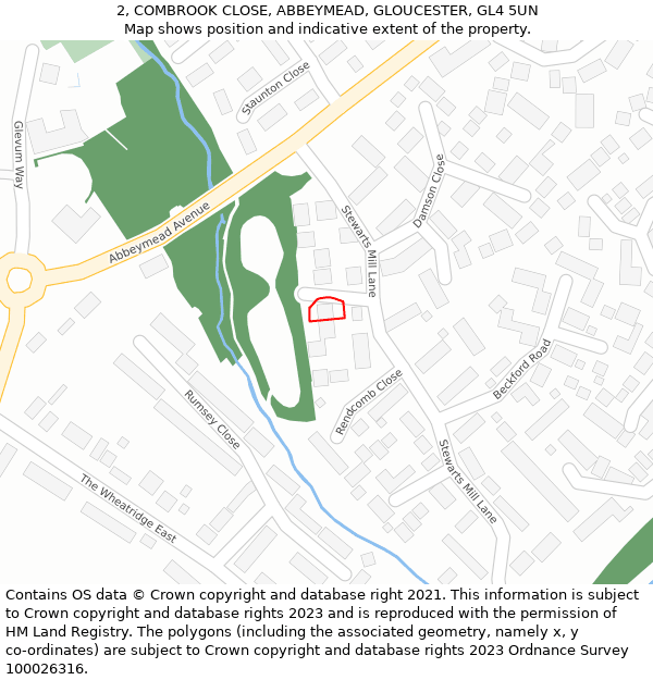 2, COMBROOK CLOSE, ABBEYMEAD, GLOUCESTER, GL4 5UN: Location map and indicative extent of plot