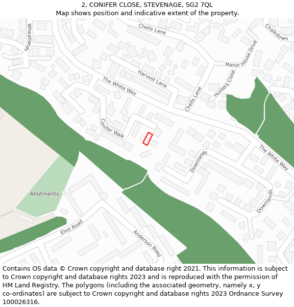 2, CONIFER CLOSE, STEVENAGE, SG2 7QL: Location map and indicative extent of plot