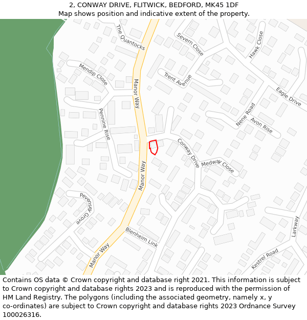 2, CONWAY DRIVE, FLITWICK, BEDFORD, MK45 1DF: Location map and indicative extent of plot