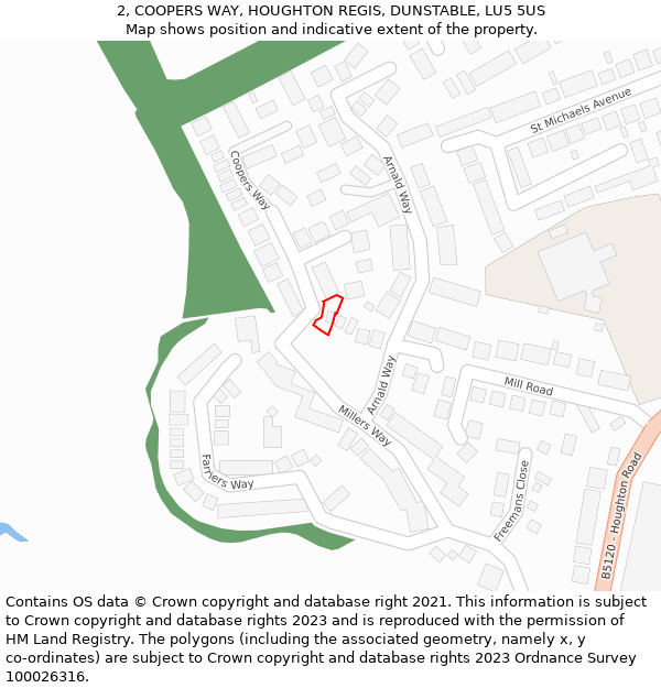 2, COOPERS WAY, HOUGHTON REGIS, DUNSTABLE, LU5 5US: Location map and indicative extent of plot