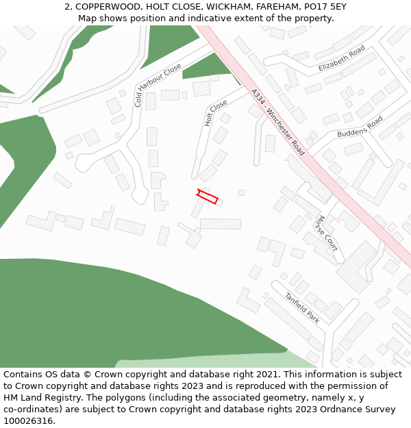 2, COPPERWOOD, HOLT CLOSE, WICKHAM, FAREHAM, PO17 5EY: Location map and indicative extent of plot