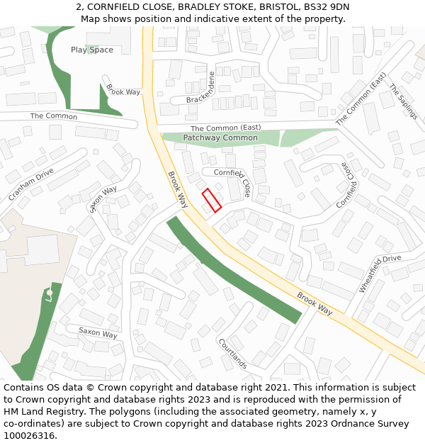 2, CORNFIELD CLOSE, BRADLEY STOKE, BRISTOL, BS32 9DN: Location map and indicative extent of plot