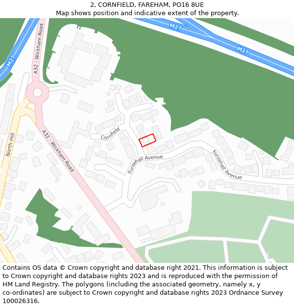 2, CORNFIELD, FAREHAM, PO16 8UE: Location map and indicative extent of plot