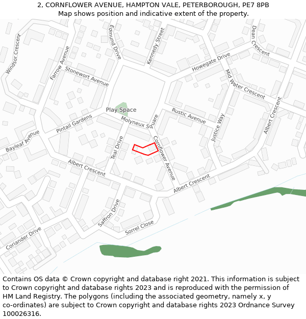 2, CORNFLOWER AVENUE, HAMPTON VALE, PETERBOROUGH, PE7 8PB: Location map and indicative extent of plot