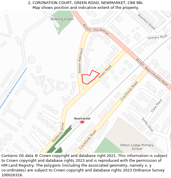 2, CORONATION COURT, GREEN ROAD, NEWMARKET, CB8 9BL: Location map and indicative extent of plot