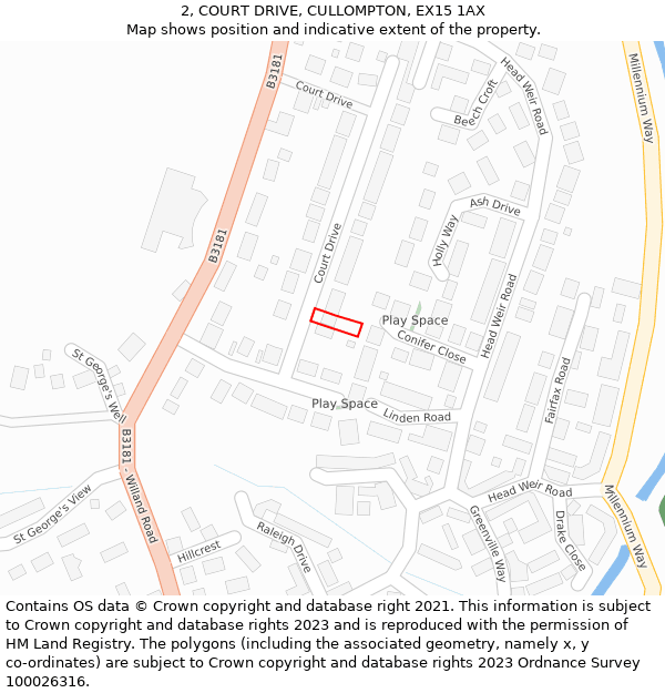 2, COURT DRIVE, CULLOMPTON, EX15 1AX: Location map and indicative extent of plot