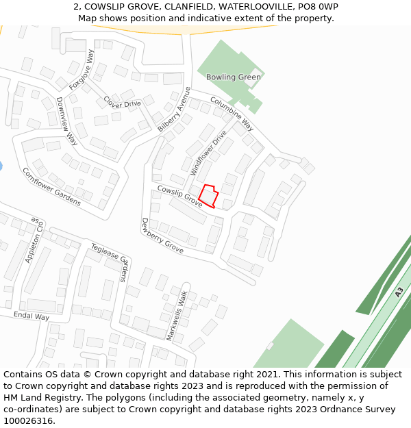 2, COWSLIP GROVE, CLANFIELD, WATERLOOVILLE, PO8 0WP: Location map and indicative extent of plot
