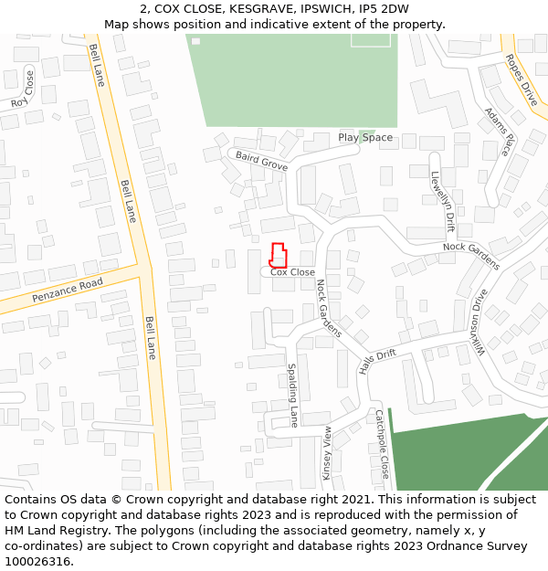 2, COX CLOSE, KESGRAVE, IPSWICH, IP5 2DW: Location map and indicative extent of plot