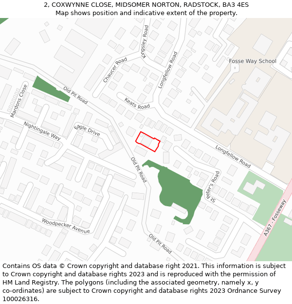 2, COXWYNNE CLOSE, MIDSOMER NORTON, RADSTOCK, BA3 4ES: Location map and indicative extent of plot