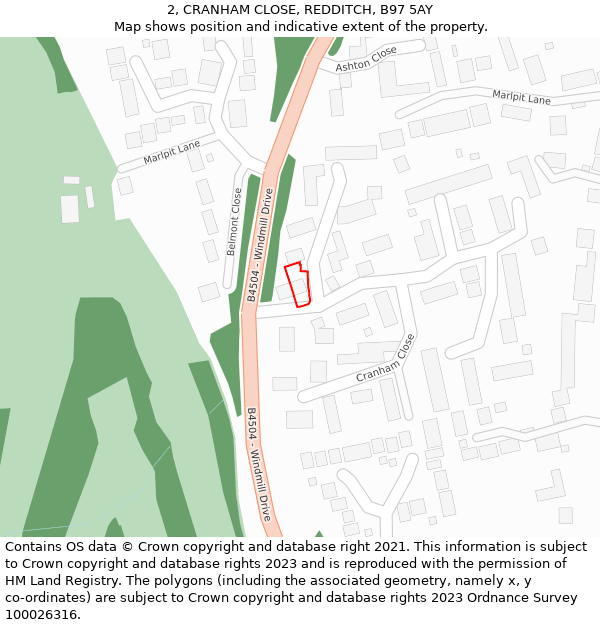 2, CRANHAM CLOSE, REDDITCH, B97 5AY: Location map and indicative extent of plot