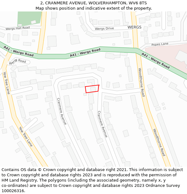 2, CRANMERE AVENUE, WOLVERHAMPTON, WV6 8TS: Location map and indicative extent of plot