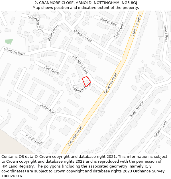 2, CRANMORE CLOSE, ARNOLD, NOTTINGHAM, NG5 8GJ: Location map and indicative extent of plot