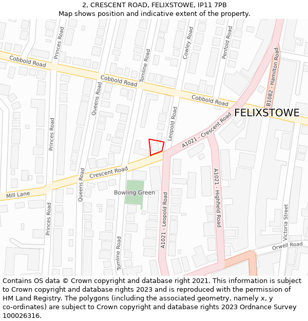 2, CRESCENT ROAD, FELIXSTOWE, IP11 7PB: Location map and indicative extent of plot