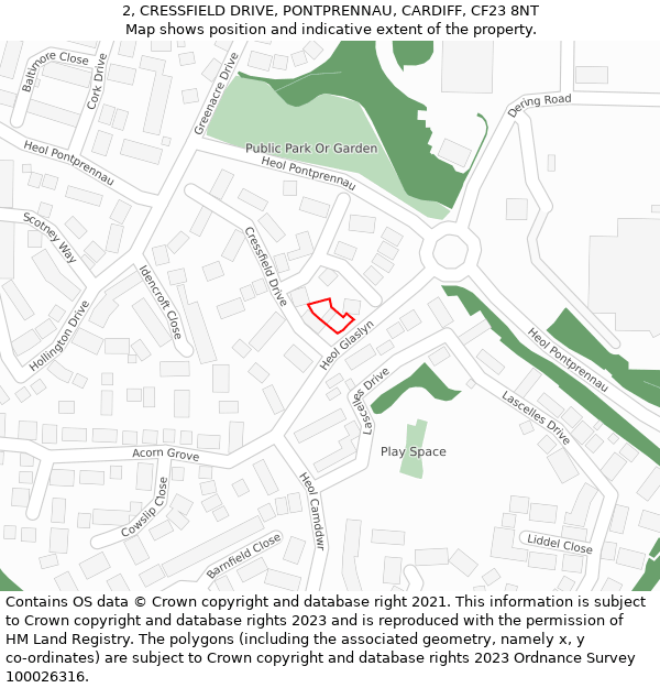2, CRESSFIELD DRIVE, PONTPRENNAU, CARDIFF, CF23 8NT: Location map and indicative extent of plot