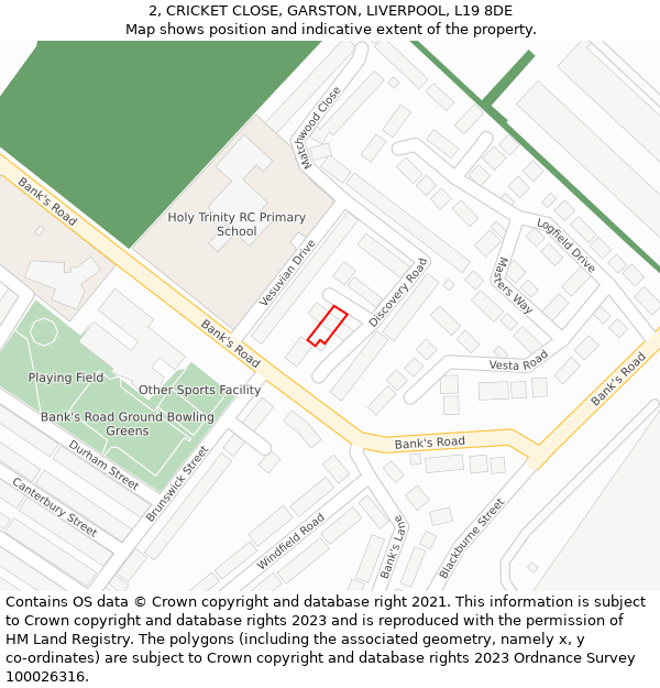 2, CRICKET CLOSE, GARSTON, LIVERPOOL, L19 8DE: Location map and indicative extent of plot