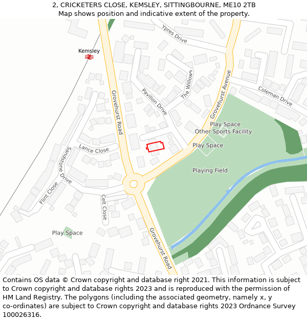 2, CRICKETERS CLOSE, KEMSLEY, SITTINGBOURNE, ME10 2TB: Location map and indicative extent of plot