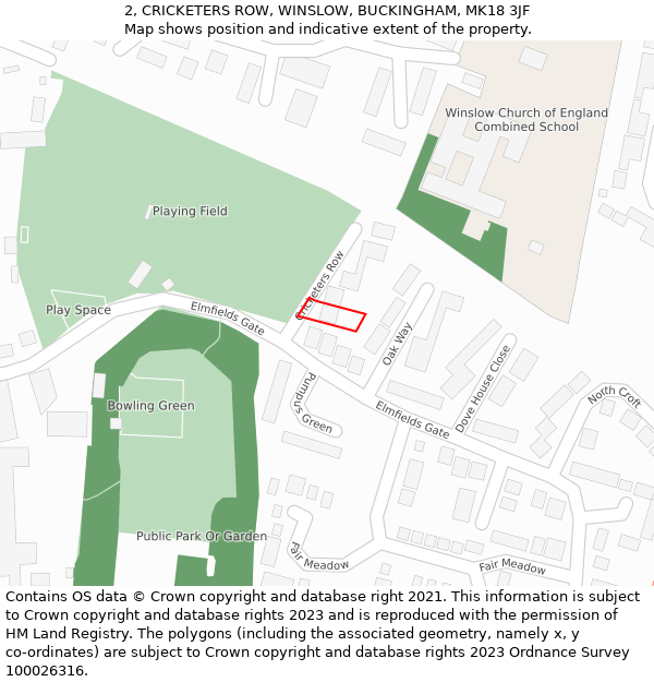 2, CRICKETERS ROW, WINSLOW, BUCKINGHAM, MK18 3JF: Location map and indicative extent of plot