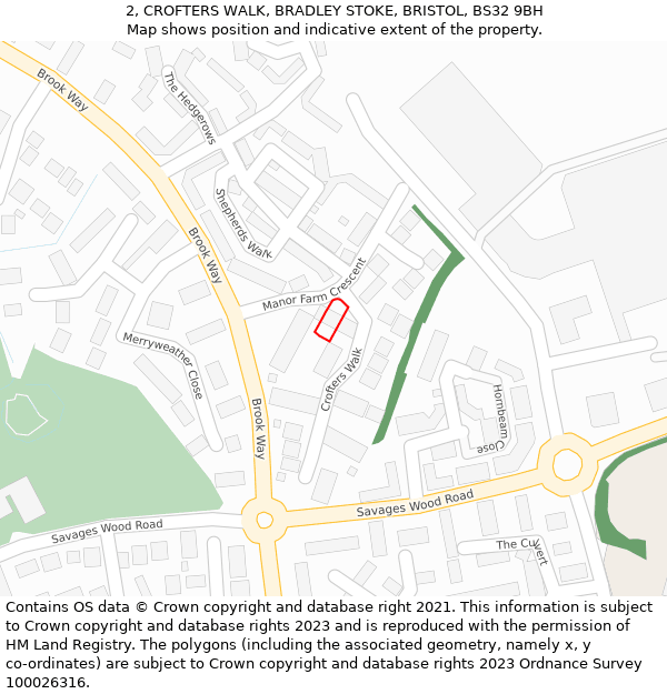 2, CROFTERS WALK, BRADLEY STOKE, BRISTOL, BS32 9BH: Location map and indicative extent of plot