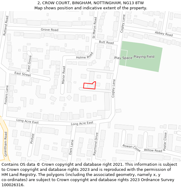 2, CROW COURT, BINGHAM, NOTTINGHAM, NG13 8TW: Location map and indicative extent of plot