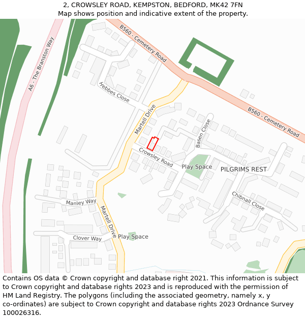 2, CROWSLEY ROAD, KEMPSTON, BEDFORD, MK42 7FN: Location map and indicative extent of plot