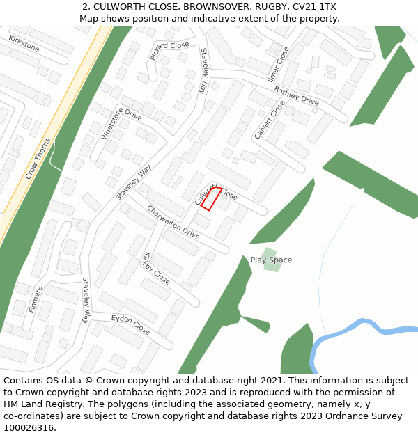 2, CULWORTH CLOSE, BROWNSOVER, RUGBY, CV21 1TX: Location map and indicative extent of plot