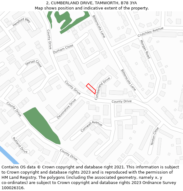 2, CUMBERLAND DRIVE, TAMWORTH, B78 3YA: Location map and indicative extent of plot
