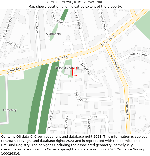 2, CURIE CLOSE, RUGBY, CV21 3PE: Location map and indicative extent of plot