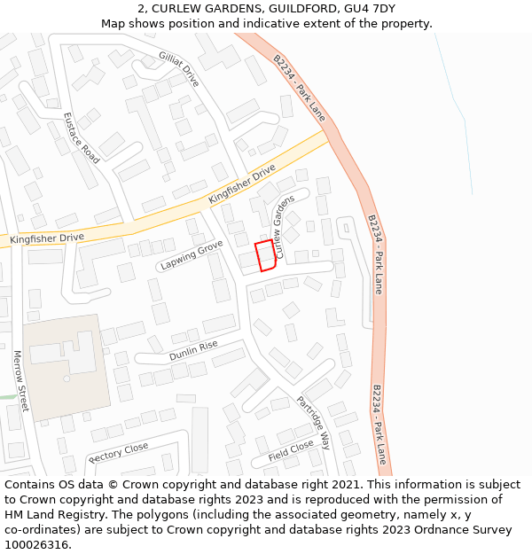 2, CURLEW GARDENS, GUILDFORD, GU4 7DY: Location map and indicative extent of plot