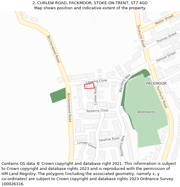 2, CURLEW ROAD, PACKMOOR, STOKE-ON-TRENT, ST7 4GD: Location map and indicative extent of plot