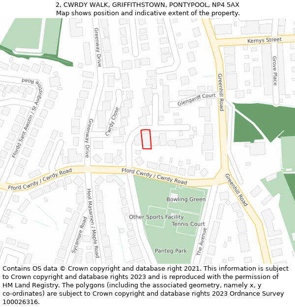 2, CWRDY WALK, GRIFFITHSTOWN, PONTYPOOL, NP4 5AX: Location map and indicative extent of plot