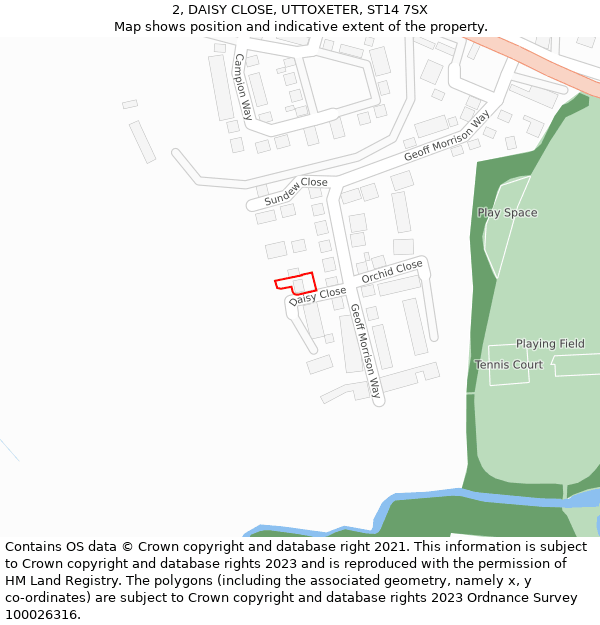 2, DAISY CLOSE, UTTOXETER, ST14 7SX: Location map and indicative extent of plot