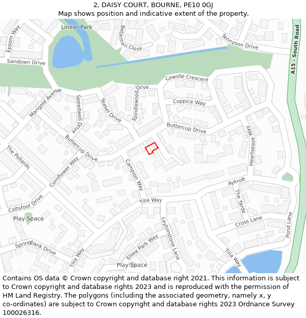 2, DAISY COURT, BOURNE, PE10 0GJ: Location map and indicative extent of plot