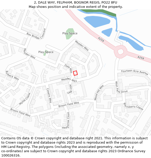 2, DALE WAY, FELPHAM, BOGNOR REGIS, PO22 8FU: Location map and indicative extent of plot