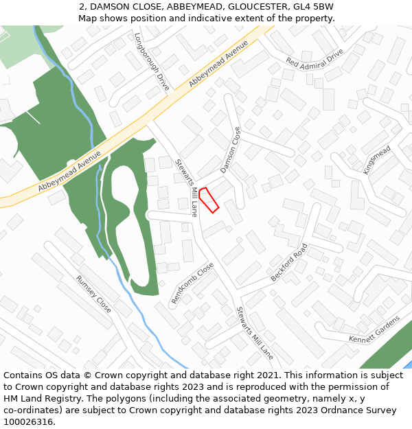 2, DAMSON CLOSE, ABBEYMEAD, GLOUCESTER, GL4 5BW: Location map and indicative extent of plot