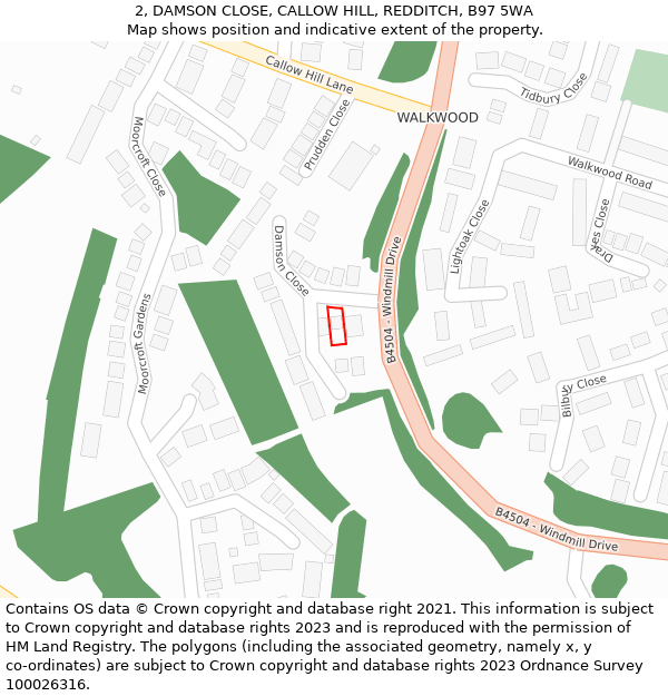 2, DAMSON CLOSE, CALLOW HILL, REDDITCH, B97 5WA: Location map and indicative extent of plot