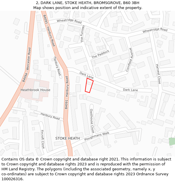 2, DARK LANE, STOKE HEATH, BROMSGROVE, B60 3BH: Location map and indicative extent of plot