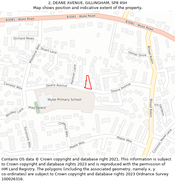 2, DEANE AVENUE, GILLINGHAM, SP8 4SH: Location map and indicative extent of plot