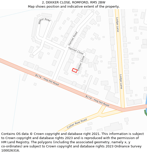 2, DEKKER CLOSE, ROMFORD, RM5 2BW: Location map and indicative extent of plot