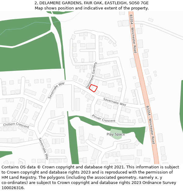 2, DELAMERE GARDENS, FAIR OAK, EASTLEIGH, SO50 7GE: Location map and indicative extent of plot