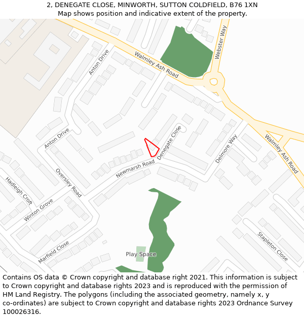 2, DENEGATE CLOSE, MINWORTH, SUTTON COLDFIELD, B76 1XN: Location map and indicative extent of plot