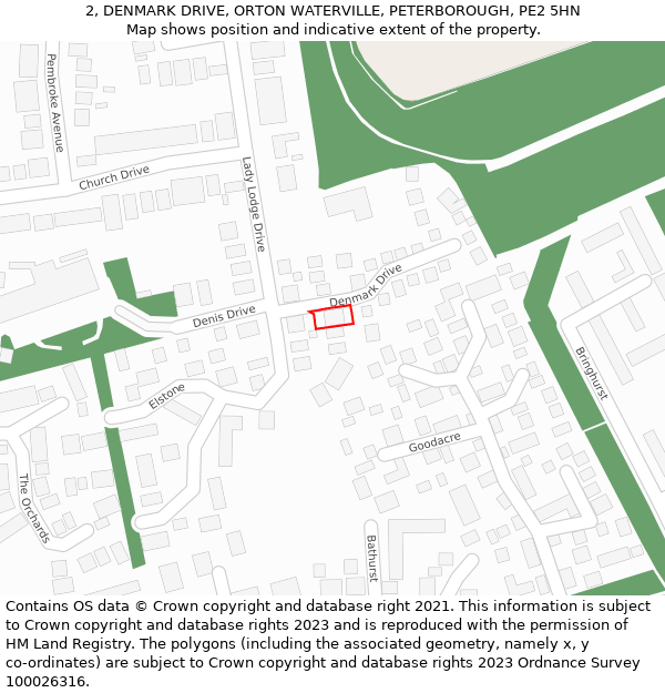 2, DENMARK DRIVE, ORTON WATERVILLE, PETERBOROUGH, PE2 5HN: Location map and indicative extent of plot