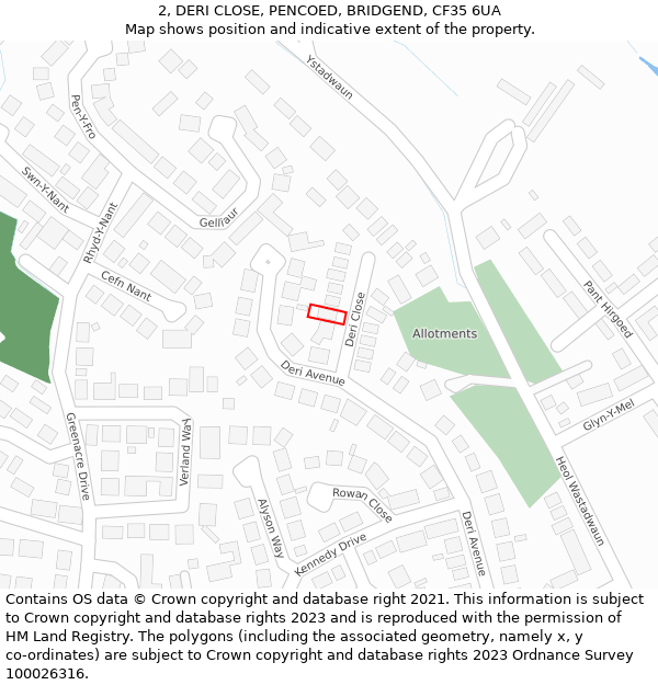 2, DERI CLOSE, PENCOED, BRIDGEND, CF35 6UA: Location map and indicative extent of plot