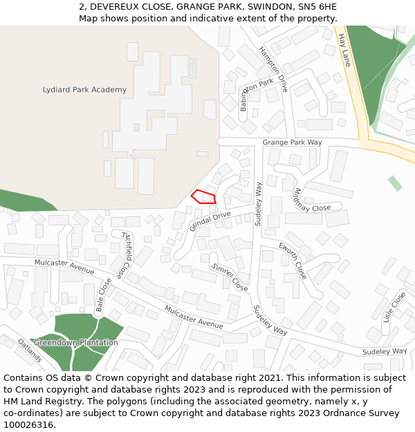 2, DEVEREUX CLOSE, GRANGE PARK, SWINDON, SN5 6HE: Location map and indicative extent of plot