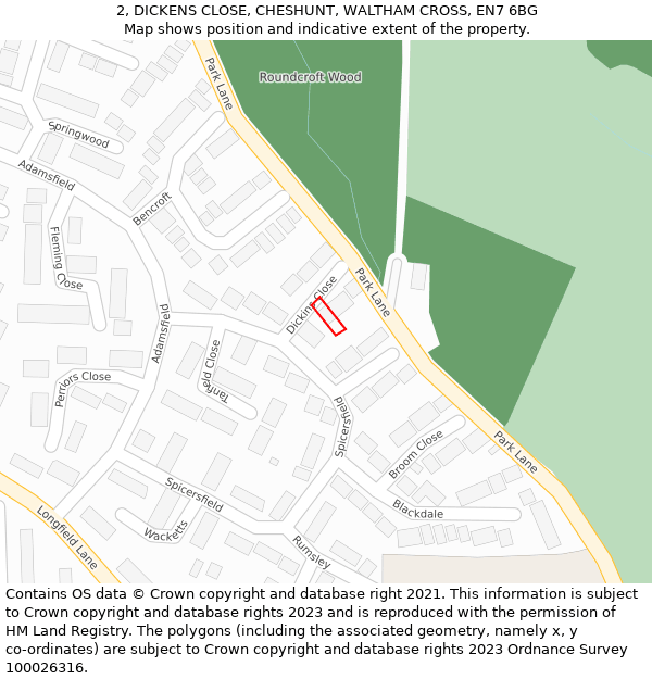 2, DICKENS CLOSE, CHESHUNT, WALTHAM CROSS, EN7 6BG: Location map and indicative extent of plot