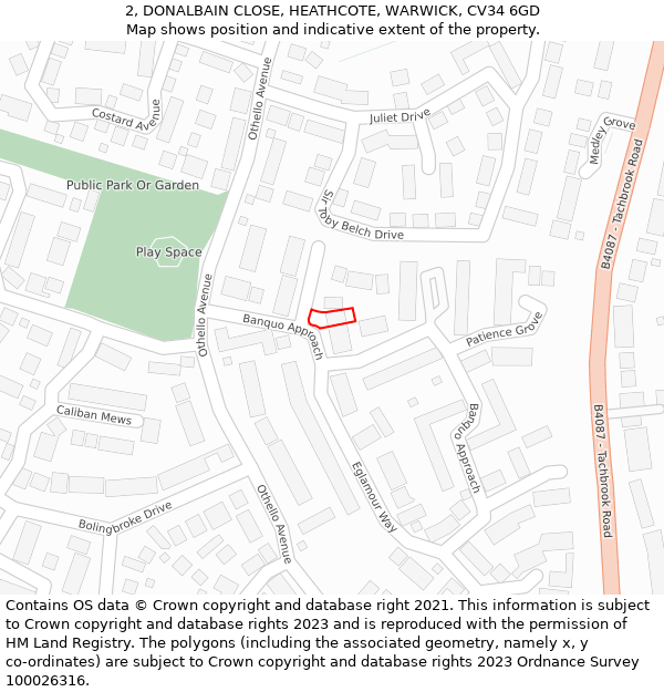 2, DONALBAIN CLOSE, HEATHCOTE, WARWICK, CV34 6GD: Location map and indicative extent of plot