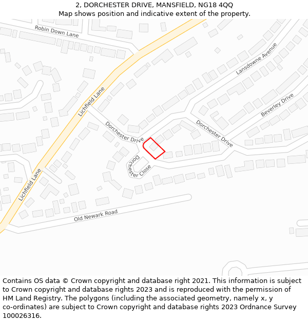 2, DORCHESTER DRIVE, MANSFIELD, NG18 4QQ: Location map and indicative extent of plot