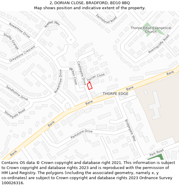 2, DORIAN CLOSE, BRADFORD, BD10 8BQ: Location map and indicative extent of plot