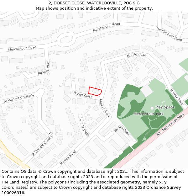 2, DORSET CLOSE, WATERLOOVILLE, PO8 9JG: Location map and indicative extent of plot